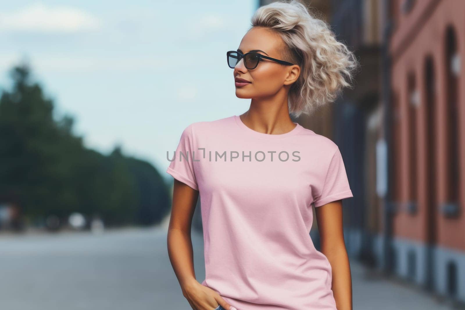 Smooth Pink tshirt mockup female. Female model. Generate Ai