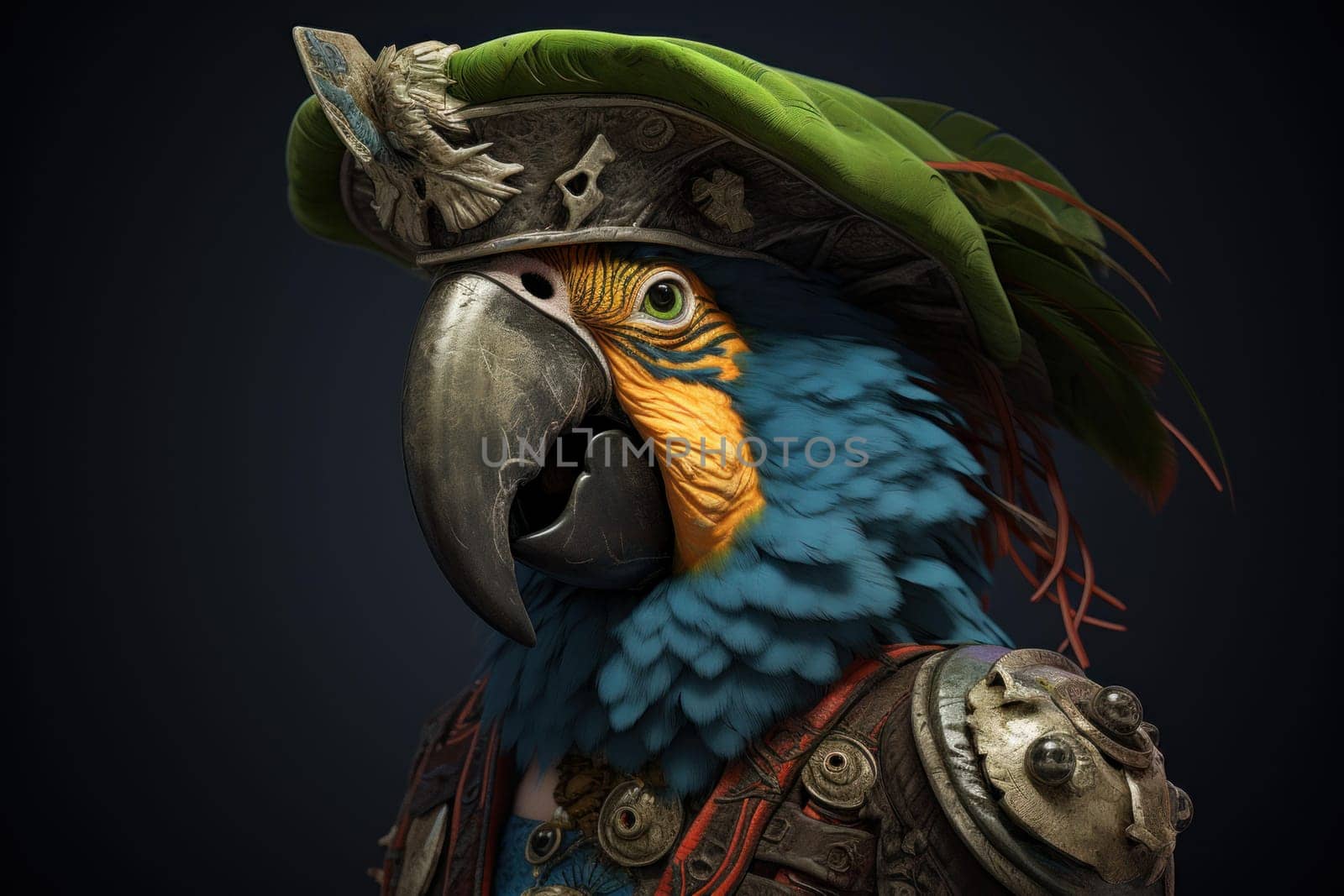 Squawky Pirate parrot head. Tropical ship animal. Generate Ai
