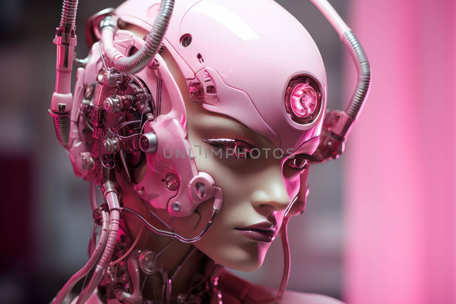 Advanced Pink woman robot. Robot neon female. Generate Ai