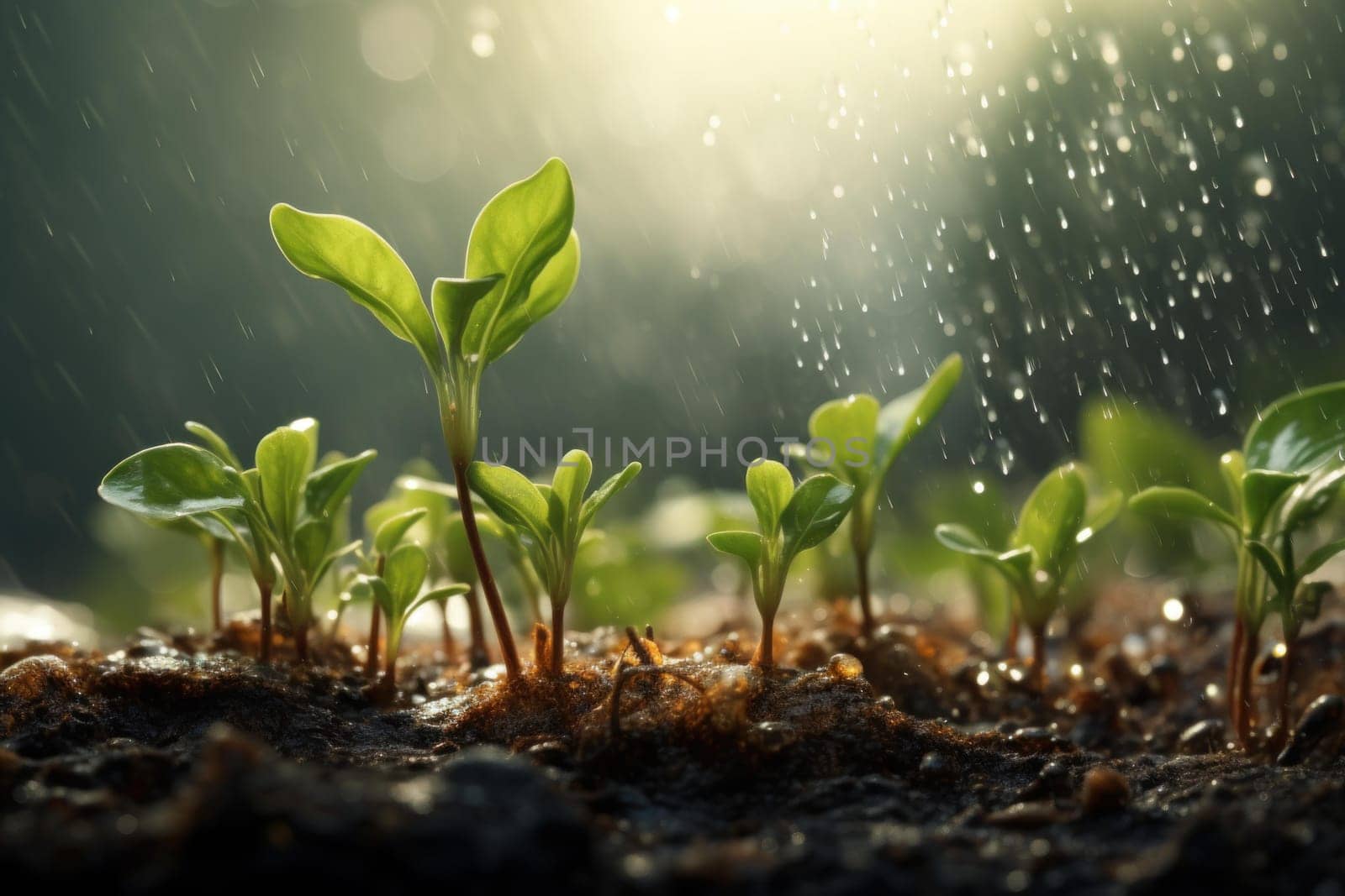 Vibrant Plant growing rain. Nature seed drop. Generate Ai