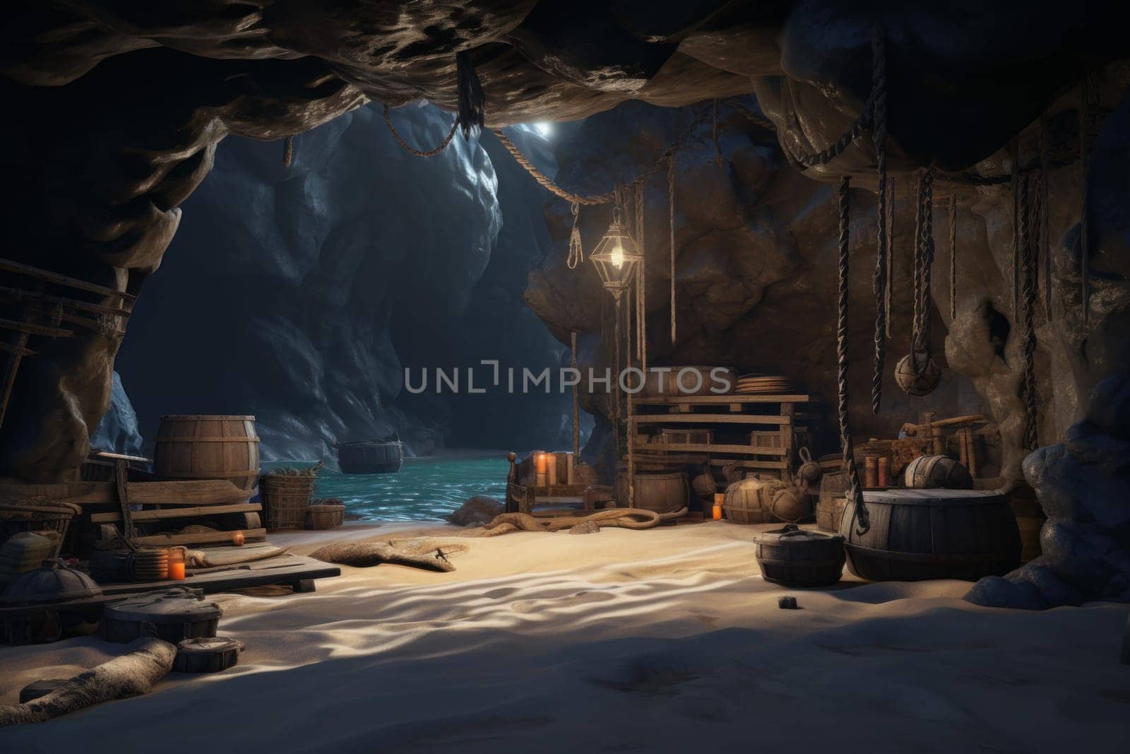 Pirate chest cave. Golden adventure. Generate Ai