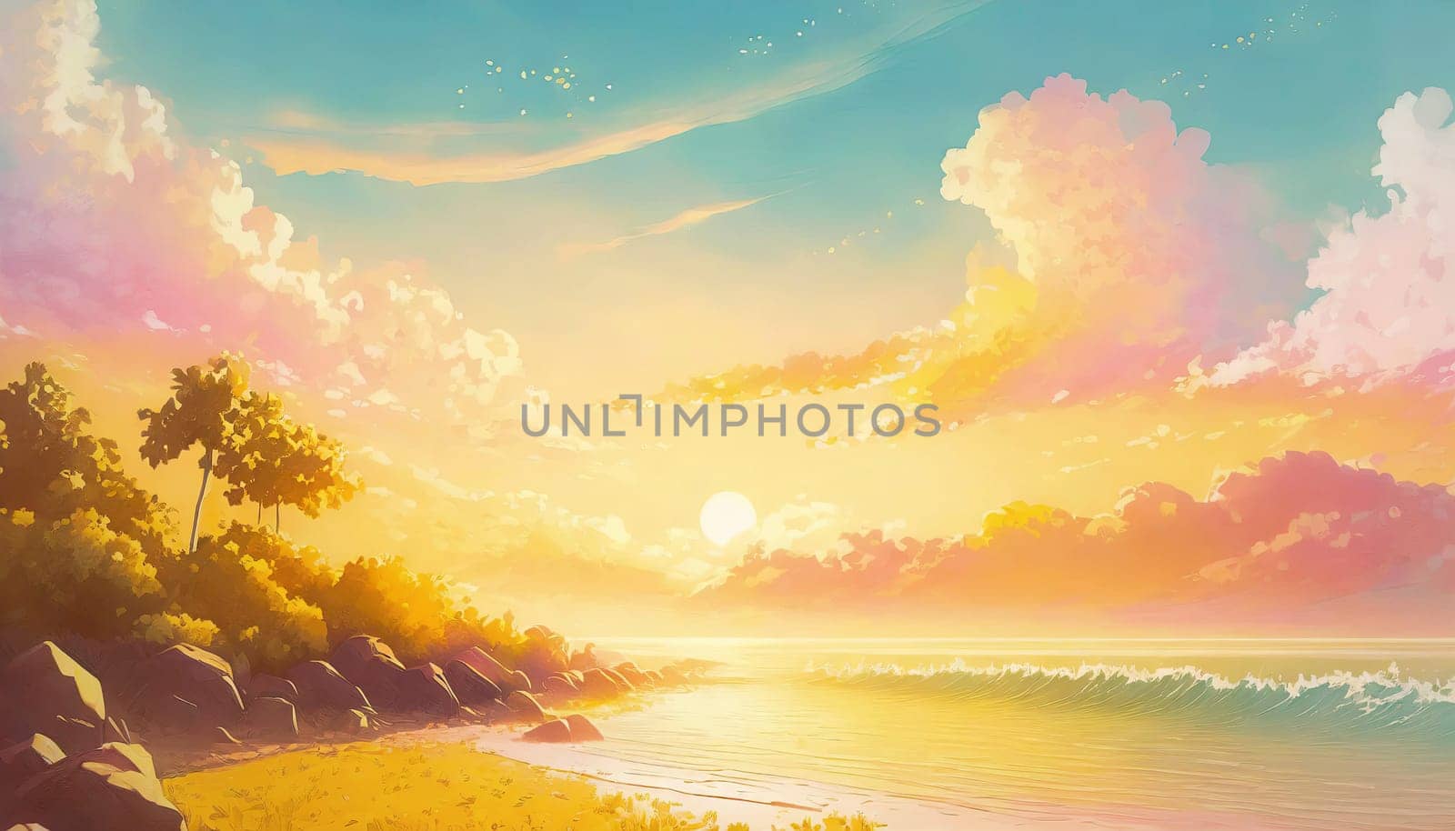 Summertime seaside pastel colors illustration. Summer sunset scene on a tropical beach. Sea holiday vibes on an exotic island