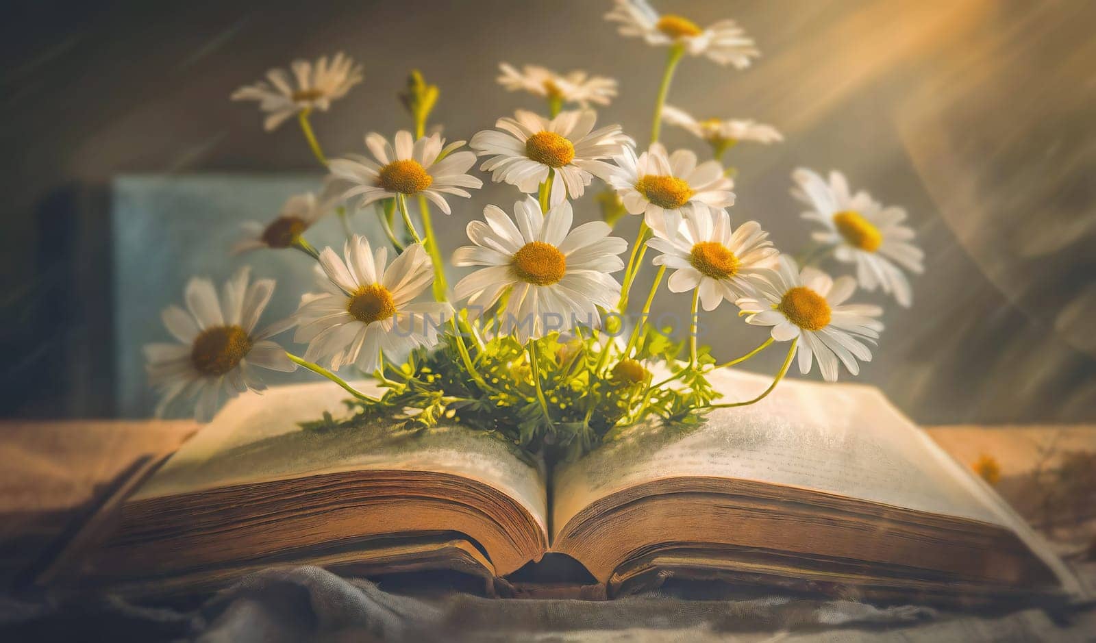 Daisy flowers growing out of an open book. The beautiful world inside a textbook. Educational and science concept. Inspirational storybook, back to school idea
