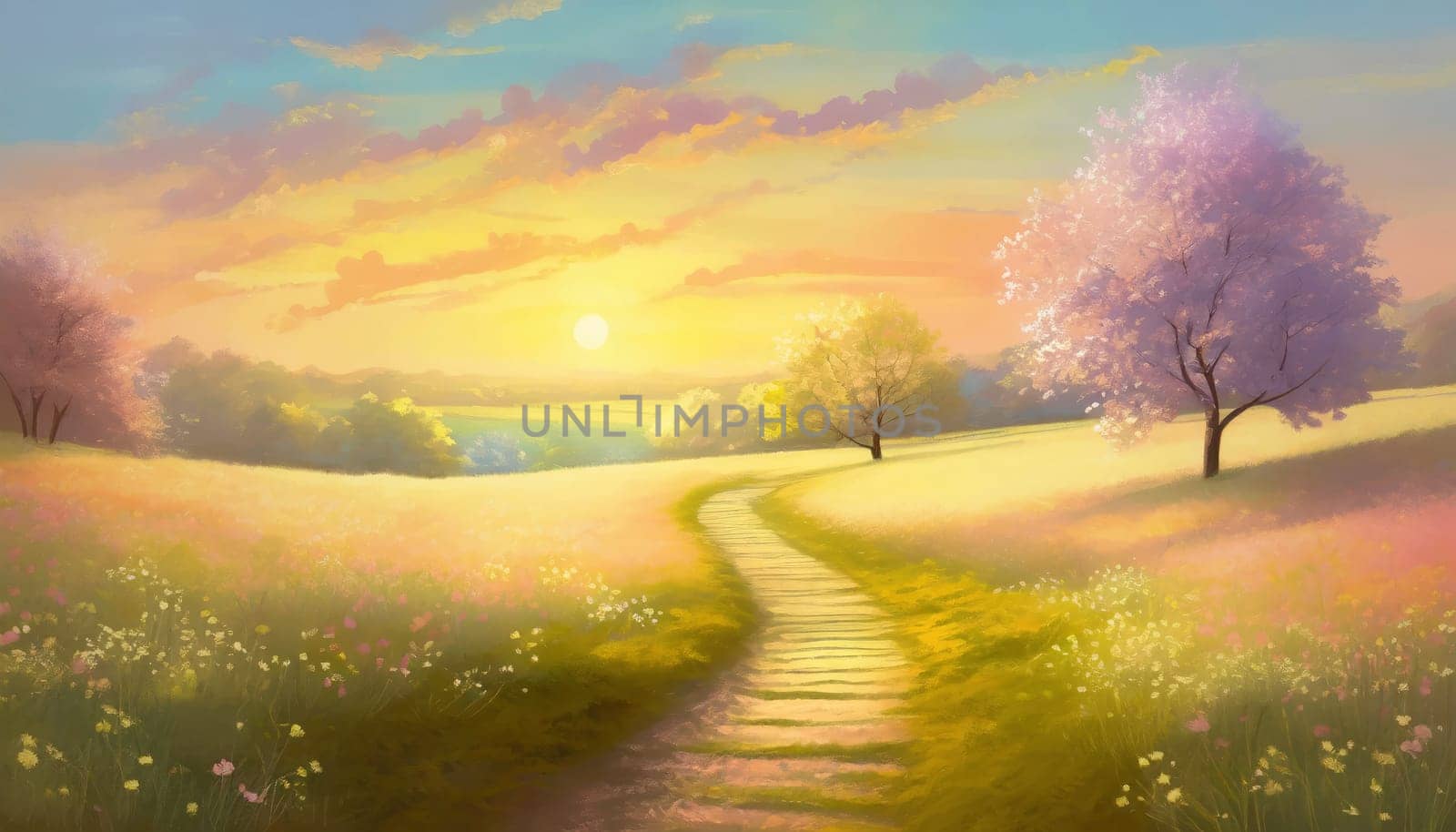 Beautiful springtime illustration in pastel colors. Footpath across a spring meadow with blooming trees. Picturesque countryside sunset scene