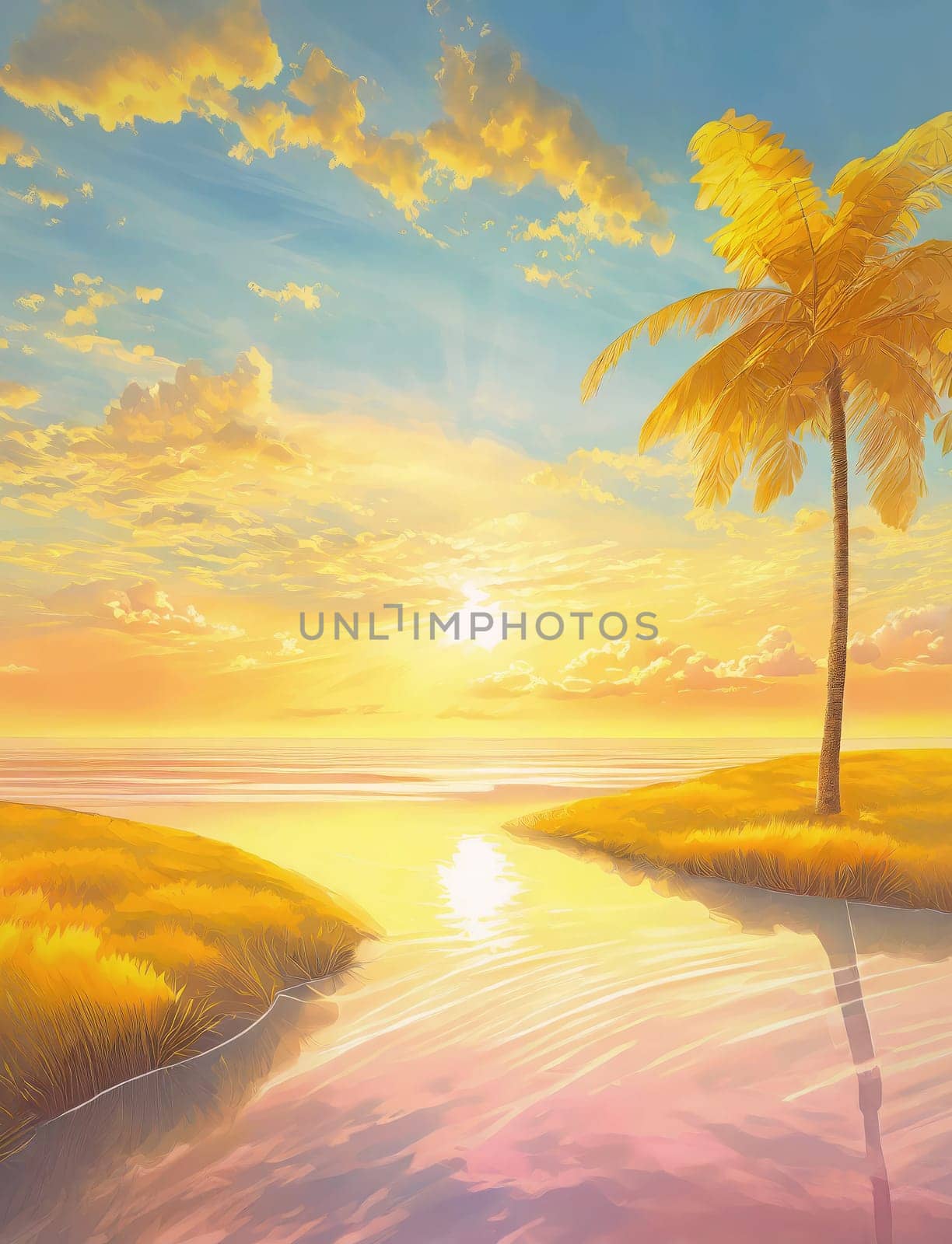Summertime seaside pastel colors illustration. Summer sunrise scenery on a tropical beach. Sea vacation vibes on an exotic island