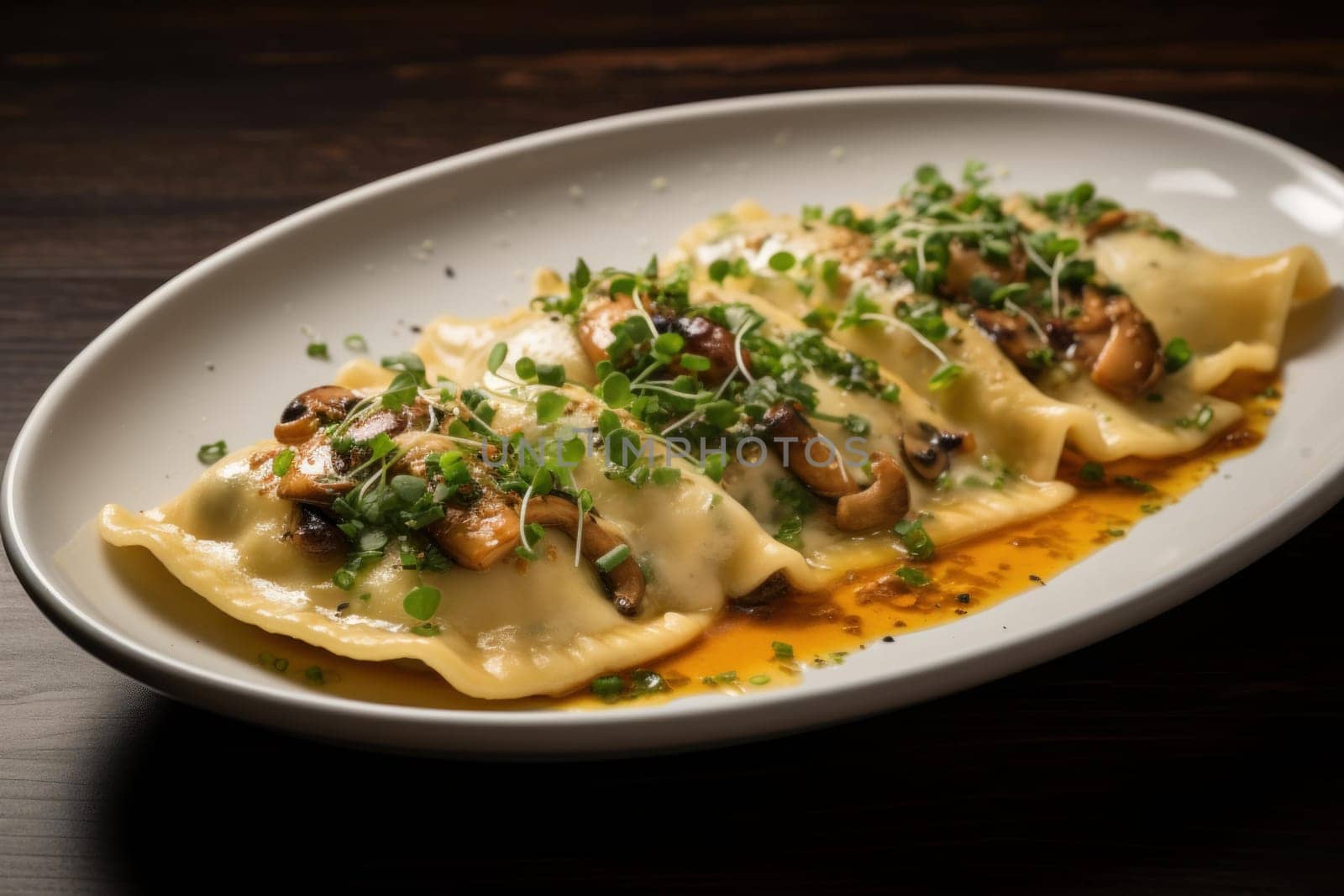 Aromatic Plate mushroom ravioli. Food meal. Generate Ai