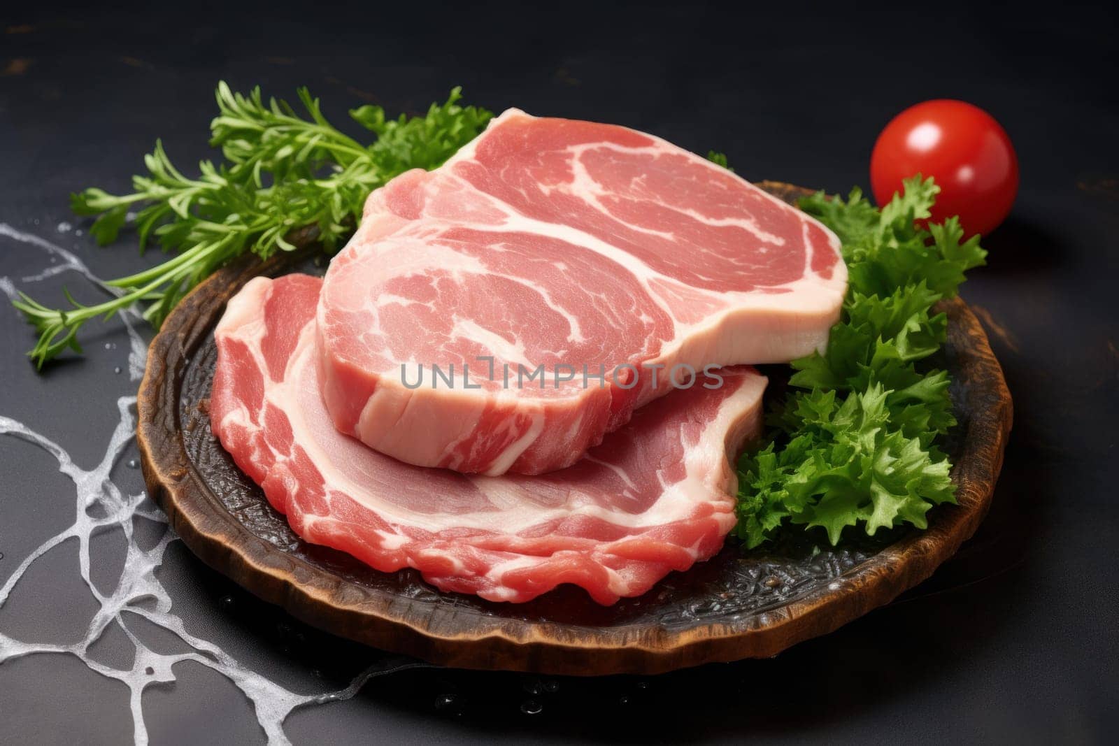 Pink Plate raw pork. Cutlet red. Generate Ai