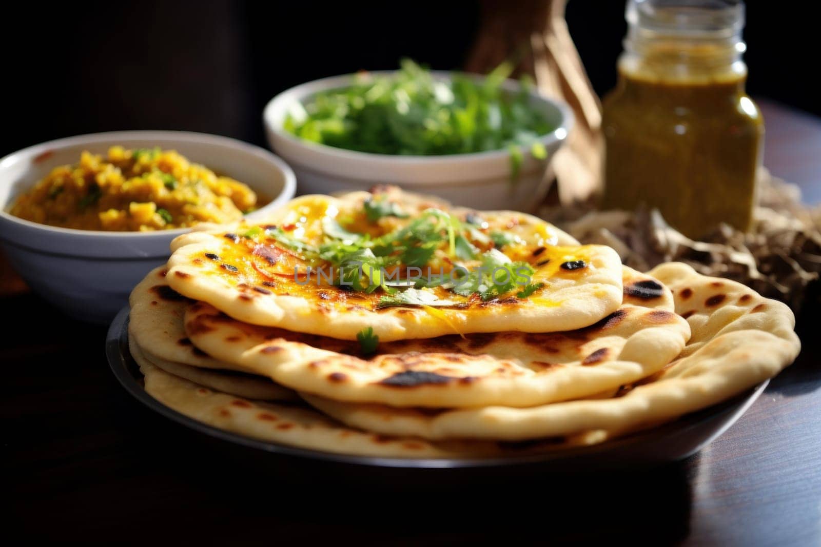 Aromatic Indian dal naan. Food butter rice. Generate Ai