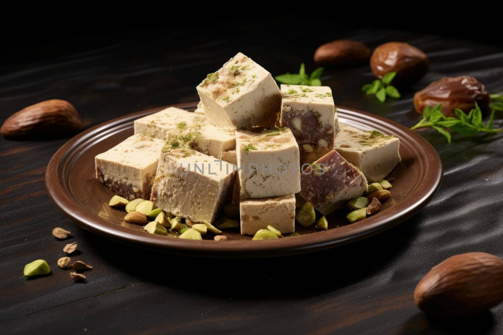 Crumbly Plate piece halva. Oriental food sweet nutrition sugar. Generate Ai