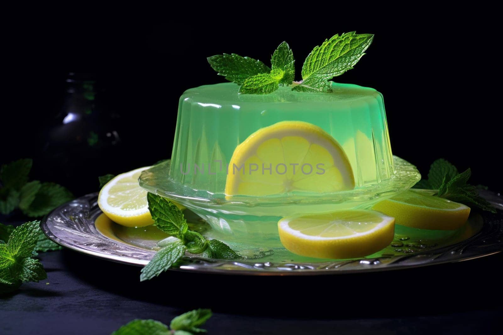 Plate of lemon jelly mint. Food fruit dessert fresh diet. Generate Ai