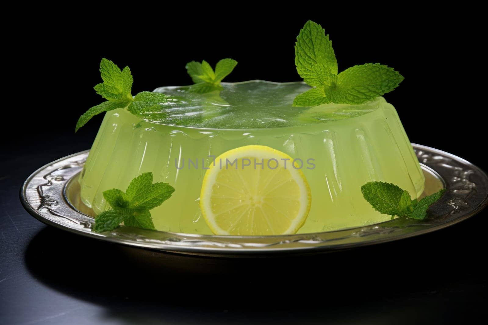 Refreshing Plate of lemon jelly mint. Food fruit dessert fresh diet. Generate Ai