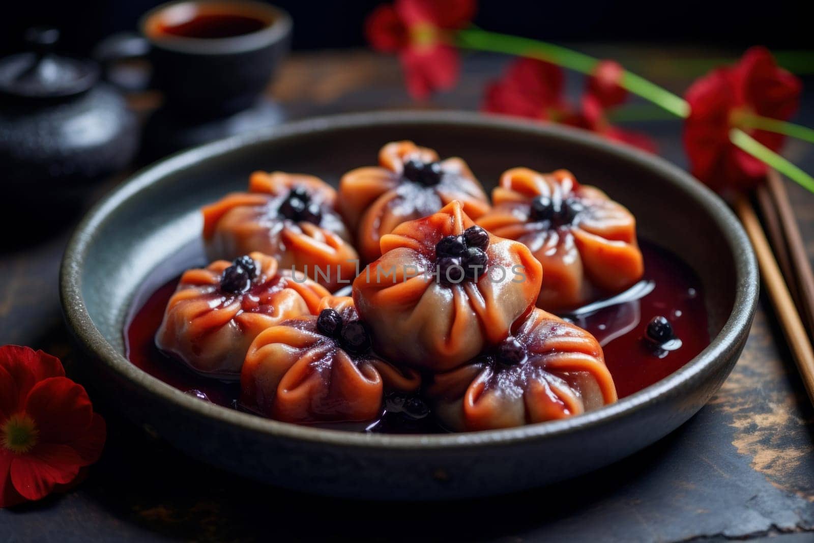 Filling Plum dumplings with poppy seeds. Delicious pastry dessert with fruit filling. Generate ai