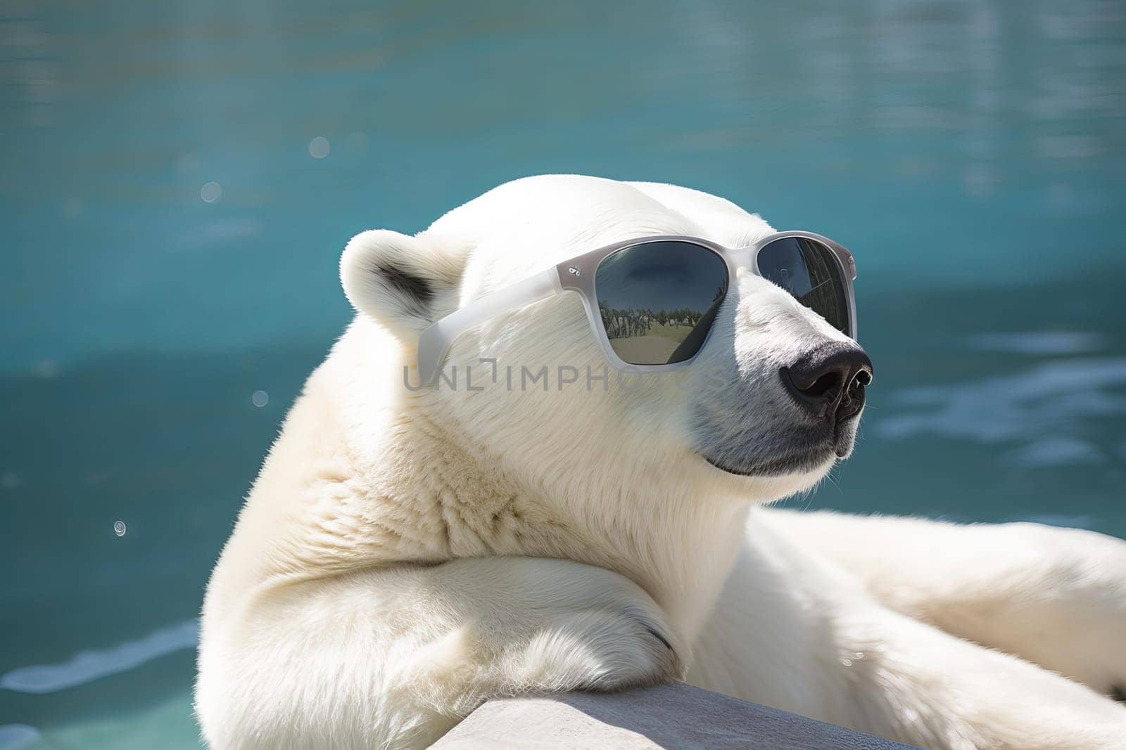 Majestic Polar bear lounger with sunglasses closeup. Tropical pole friend tourism relax. Generate Ai