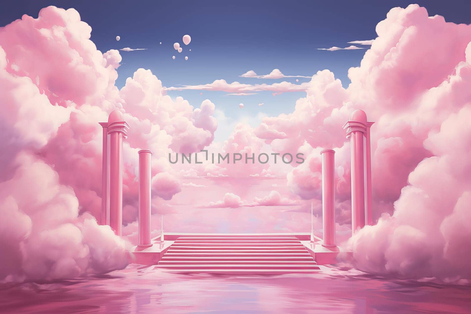 Vibrant Podium pink clouds sky. Minimal color. Generate Ai
