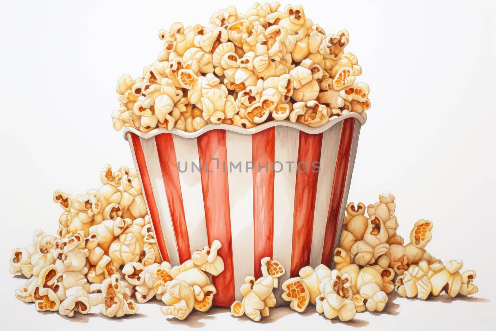 Round Popcorn snack bucket on tables. Movie cinema popcorn in striped bucket container. Generate ai