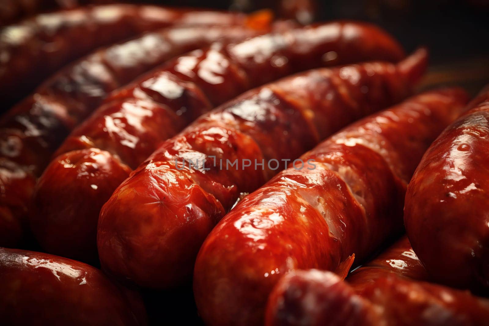 Detailed Closeup photo of cut polish sausage on wooden board. Sliced smoked pork salami food. Generate ai