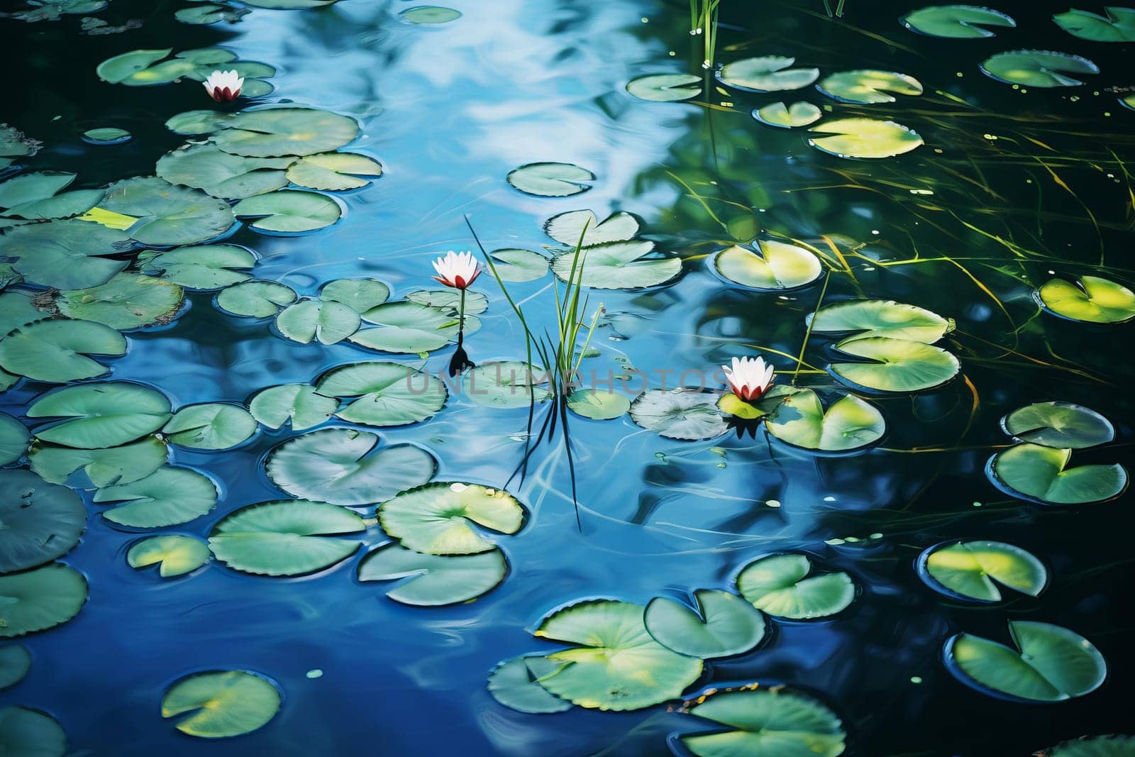 Pond calm water. River garden. Generate Ai