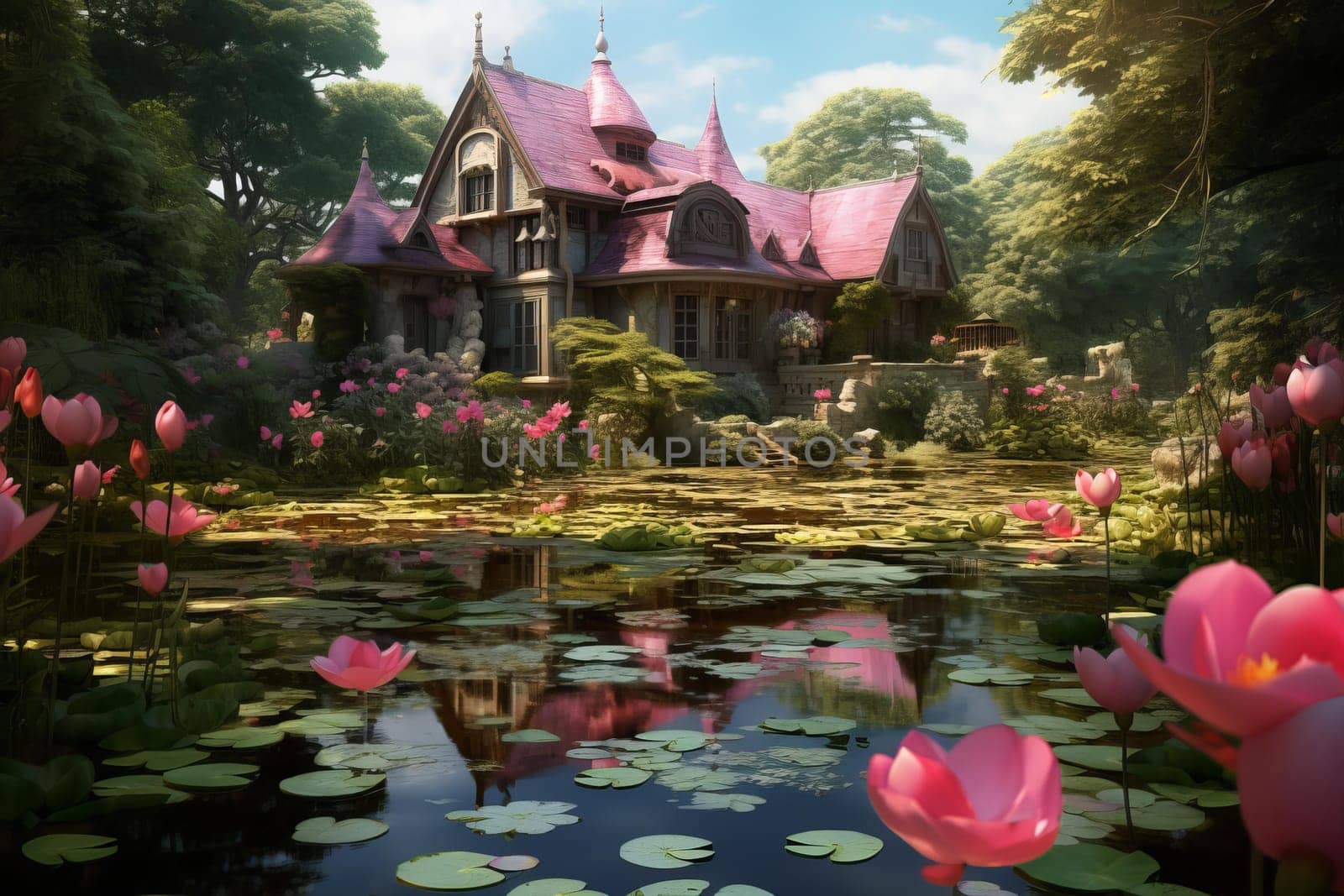 Pond flower mansion. Natural park. Generate Ai