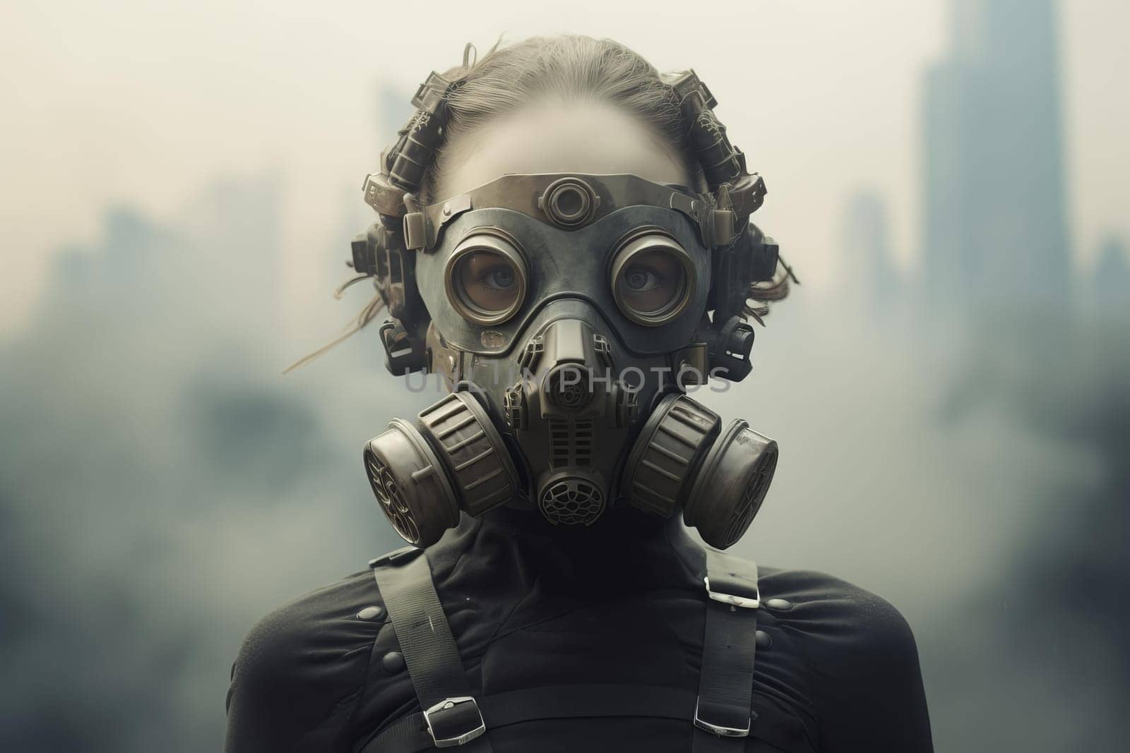 Vigilant Person in gas mask in polluted air. Air safety. Generate Ai