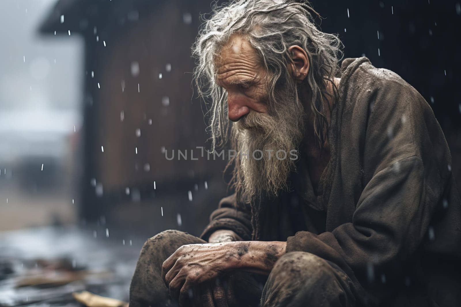 Bustling Poor man street. Social crisis. Generate Ai