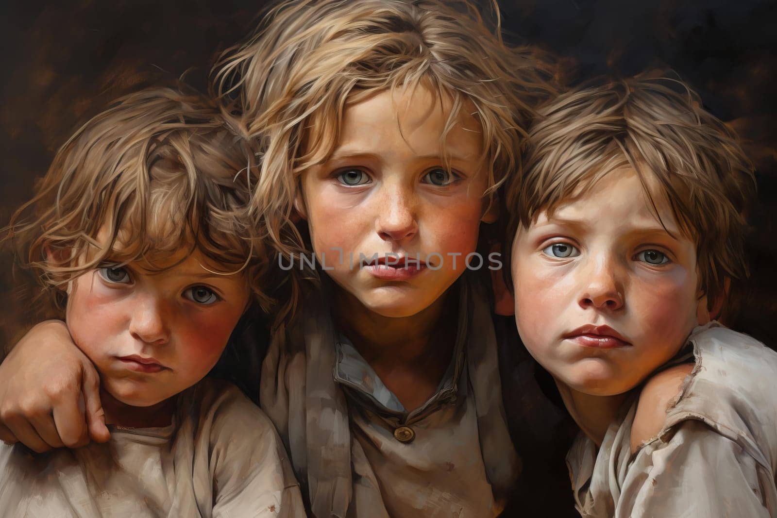 Heartbreaking Poorness on child face. Desperate expression in child sad eyes. Generate ai