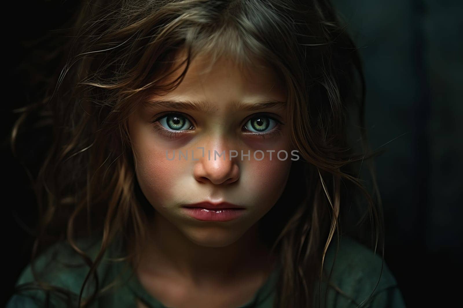 Poorness on child face. Desperate expression in child sad eyes. Generate ai