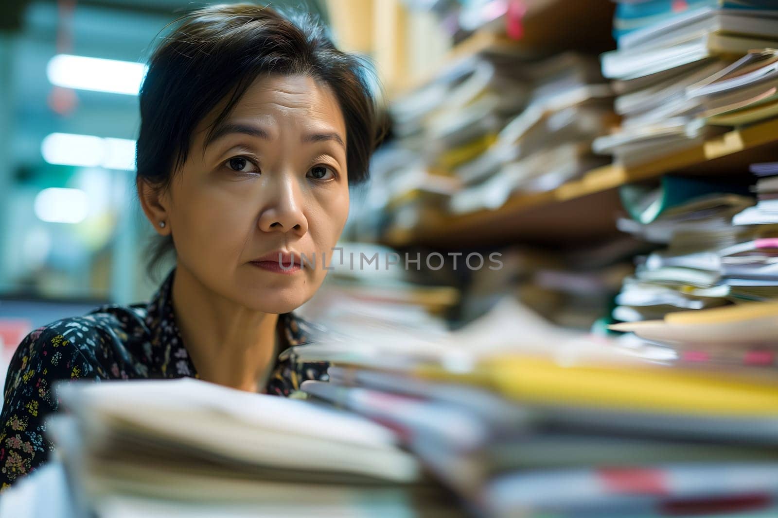 Asian woman in an office, overwhelmed by a mountains of paperwork. Neural network generated in January 2024. Not based on any actual scene or pattern.