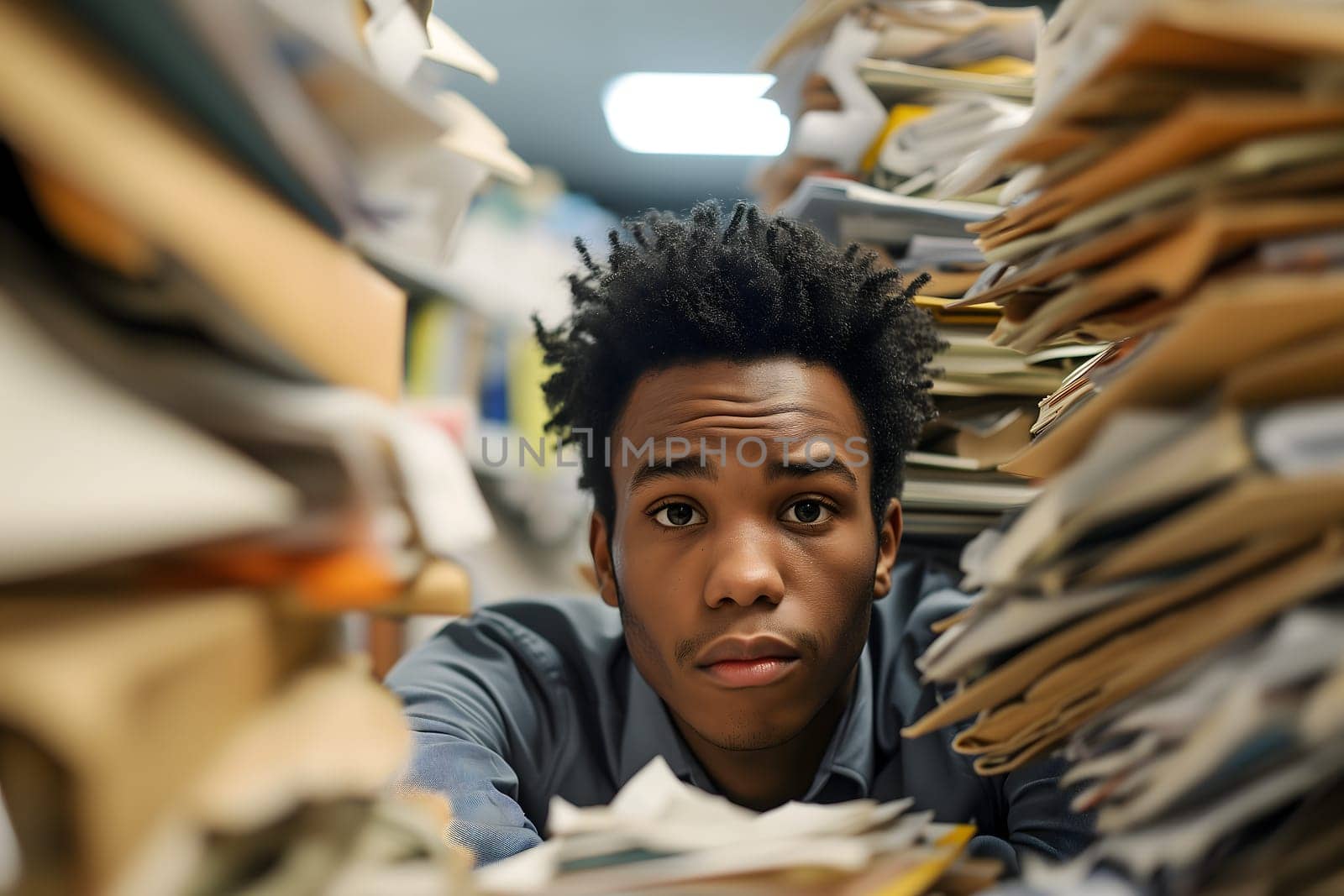 young adult African American man in an office, overwhelmed by a mountains of paperwork. Neural network generated in January 2024. Not based on any actual scene or pattern.