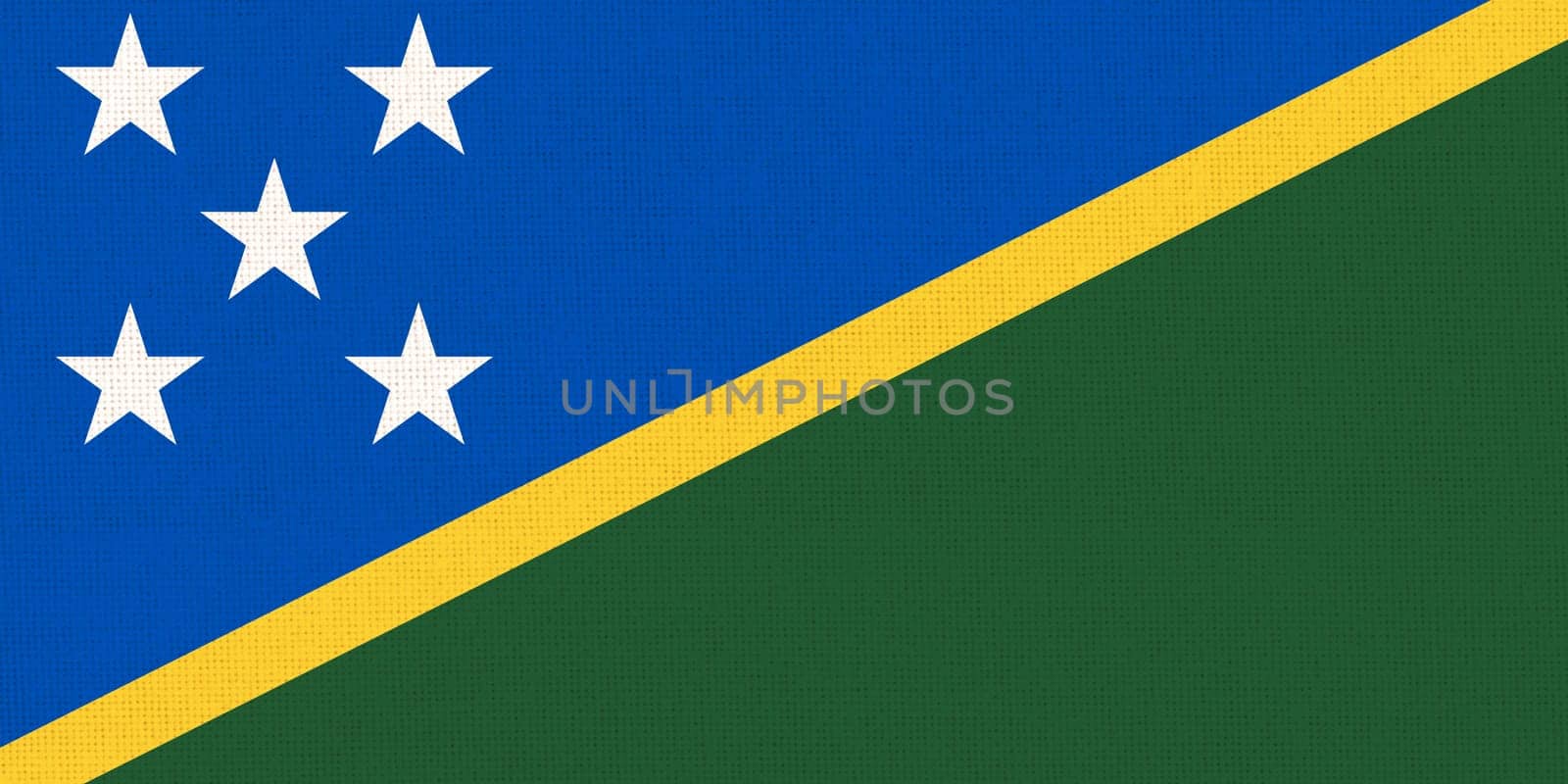 Flag of Solomon Islands. Solomon Islands flag on fabric surface. National symbol. Country in Oceania. Fabric texture. Oceania country. Island country. 3 D illustration