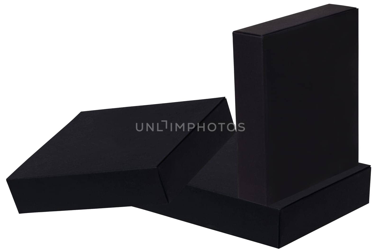 Three black closed rectangular boxes isolated on white background. Clipping path. Gift box for holidays. Valentine's Day, anniversary or other holidays. Copy space.