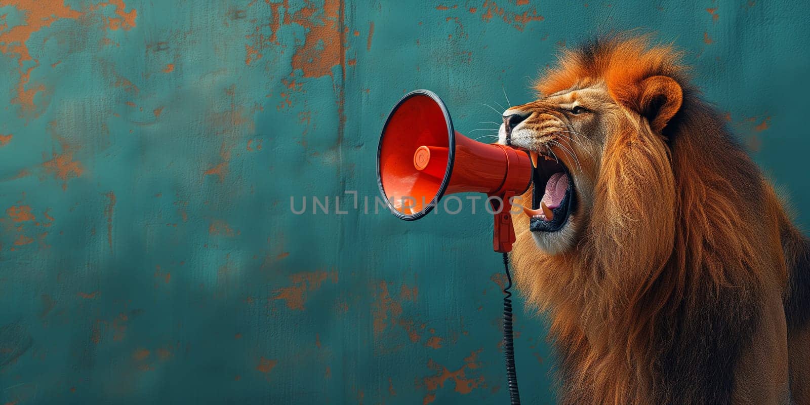Lion with loudspeaker megaphone, advertising and marketing concept, social media, announce sale or promotion