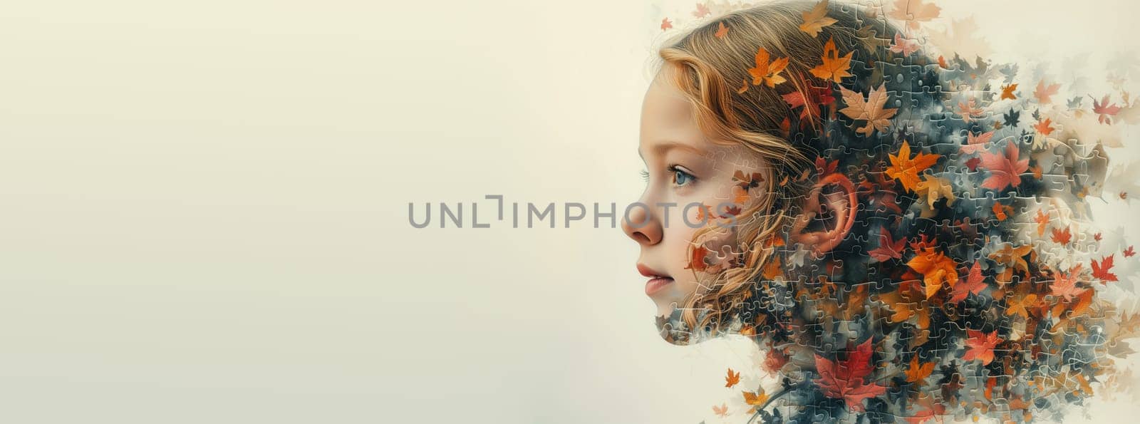 Autism, ADHD, attention deficit hyperactivity disorder, mental health, mind of a child with colorful jigsaw or puzzle pieces and foliage