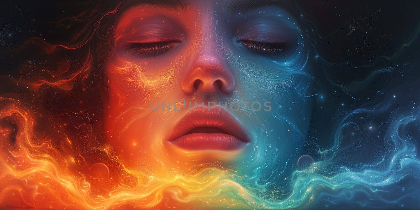 Consciousness of mind, woman with rainbow colored spiritual waves, positive thinking, self identidy and imagination