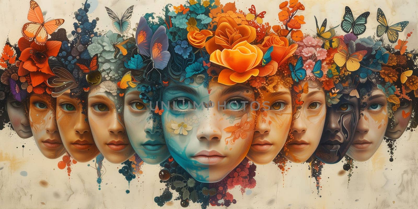 Human mind with flowers, positive consciousness and thinking, creativity, self esteem and mental health concept, be different