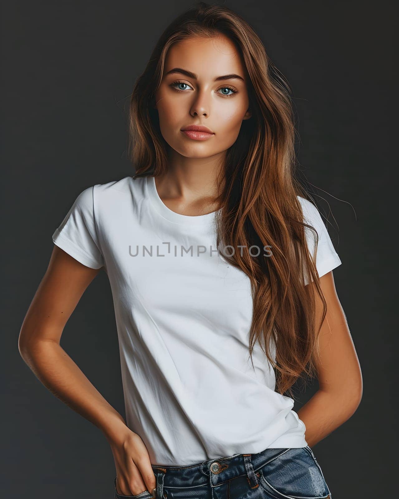Women's White Short Sleeve Round Neck T-Shirt Mockup It is a useful tool for clothing designers to help visualize T-shirts before actual production Save time and money and makes it easier to decide.