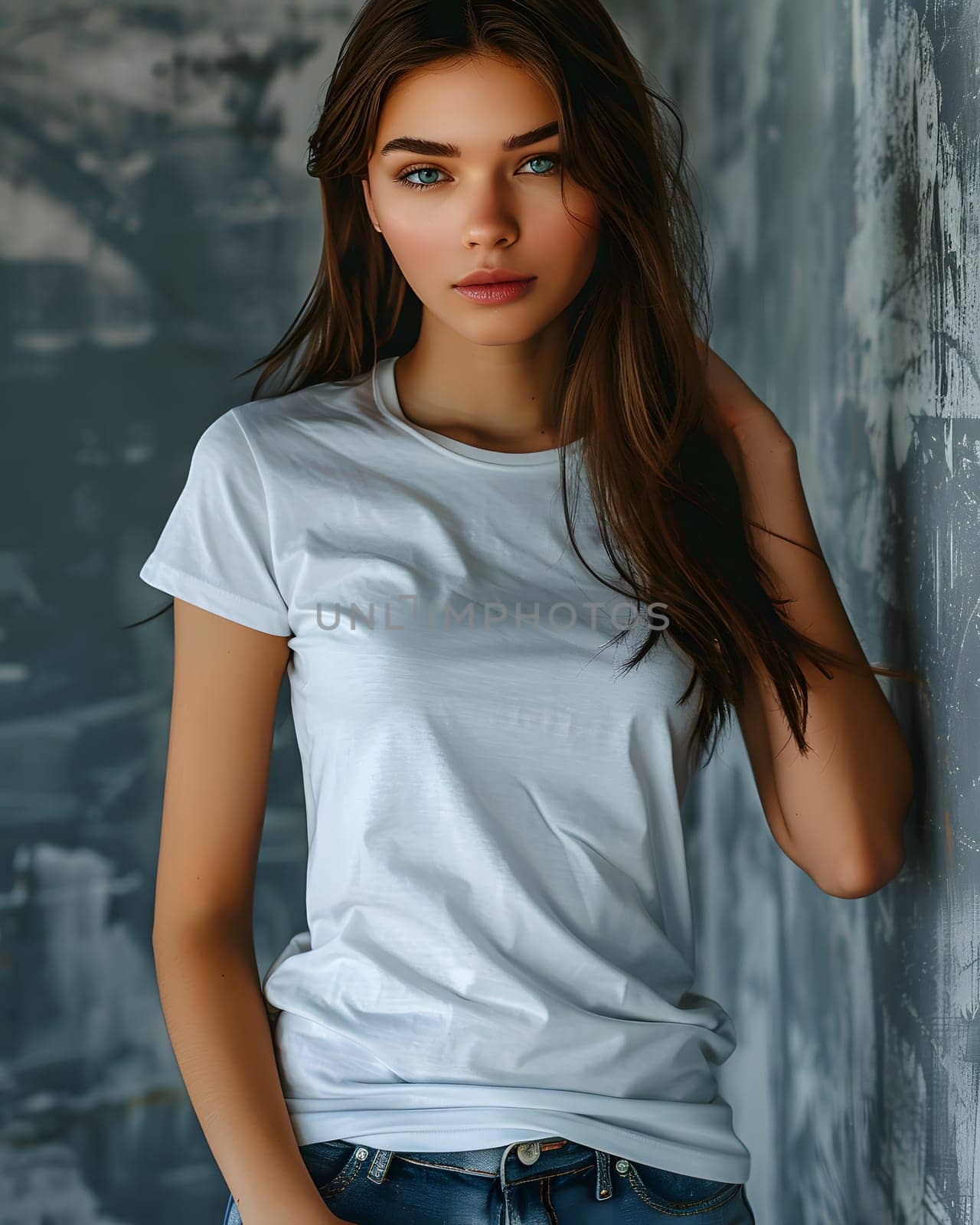 Women's White Short Sleeve Round Neck T-Shirt Mockup It is a useful tool for clothing designers to help visualize T-shirts before actual production Save time and money and makes it easier to decide.