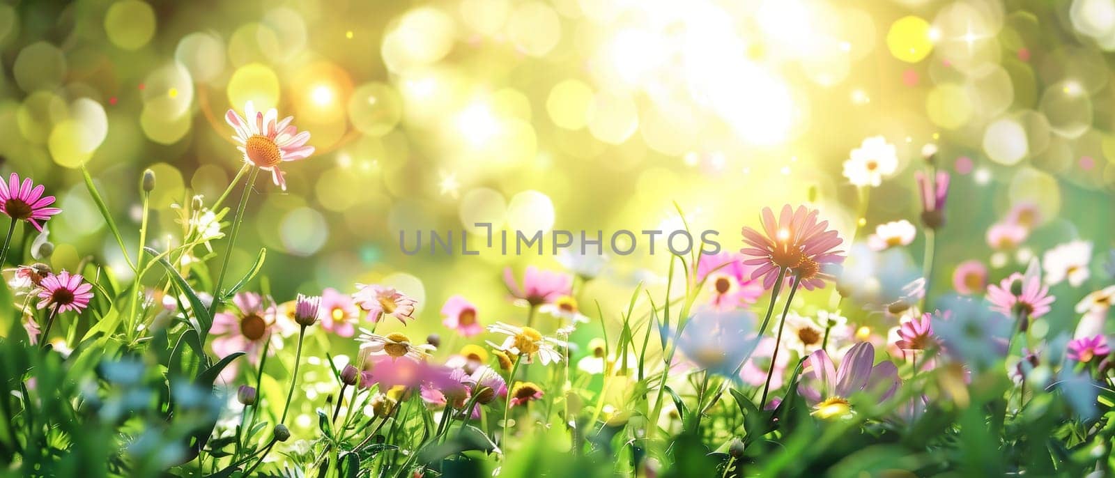 The sun's golden rays illuminate a meadow of wildflowers, creating a bokeh effect that adds a dreamy quality to the vibrant scene.