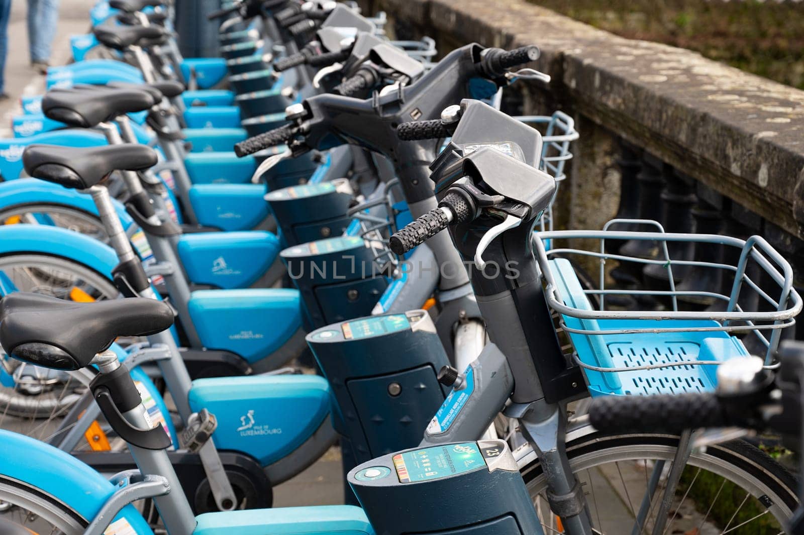 City bicycle for rent parking in Luxembourg, transportation and infrastructure, environment and ecologic lifestyle, bike share, 14.02.2024