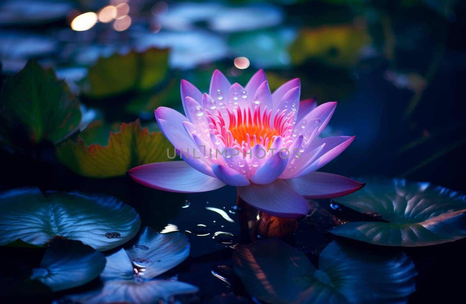 Delicate Water lily magical flower. Bloom plant nature exotic purple flowers. Generate Ai