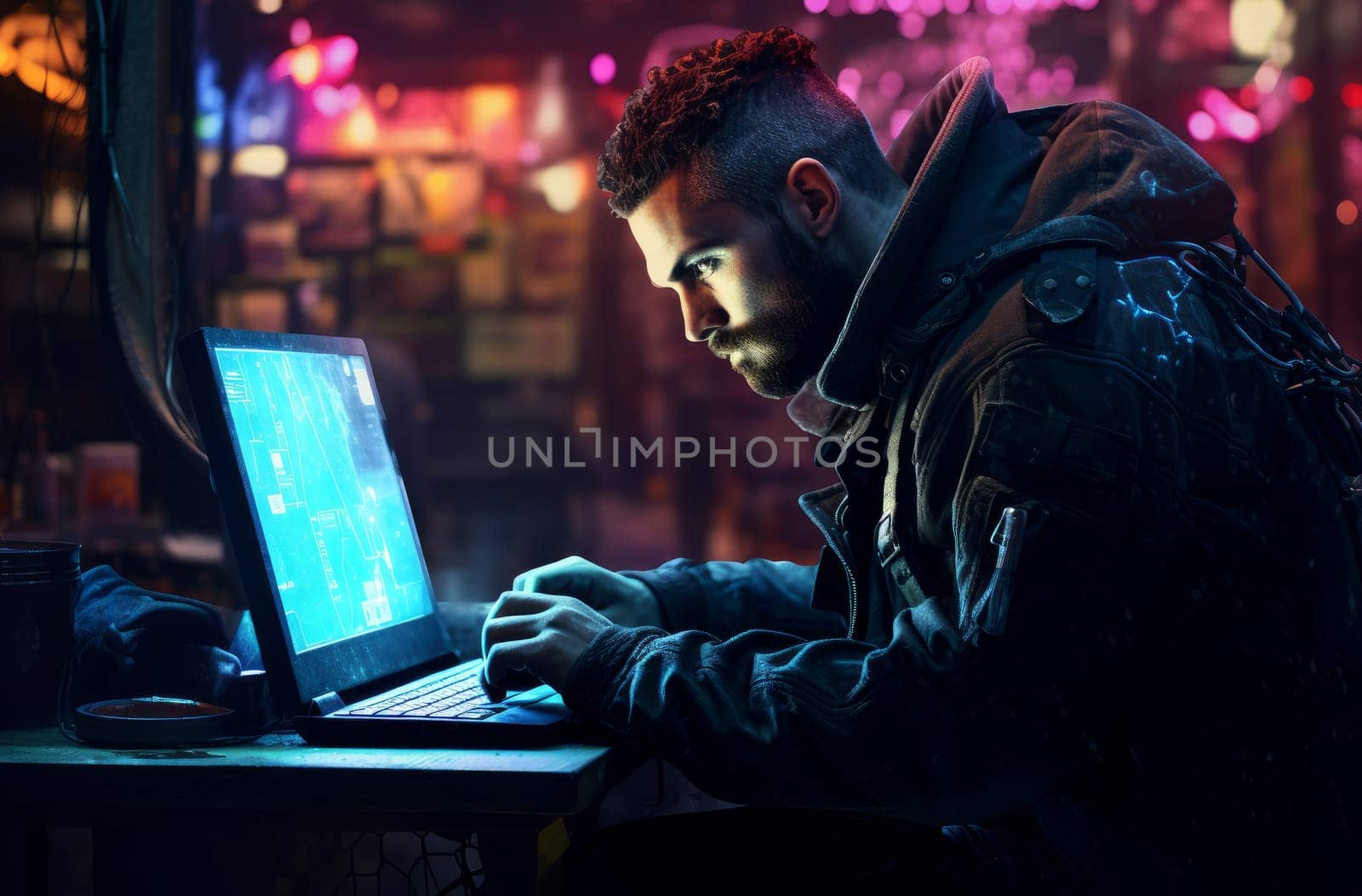 Streetwise Male cyberpunk wearing hoodie. Hacker guy programming online on laptop. Generate ai
