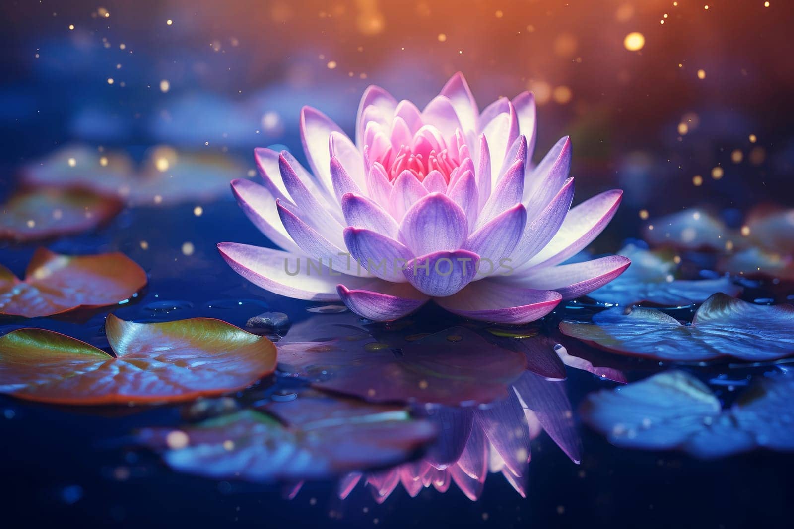Mesmerizing Water lily magical flower. Bloom plant nature exotic purple flowers. Generate Ai