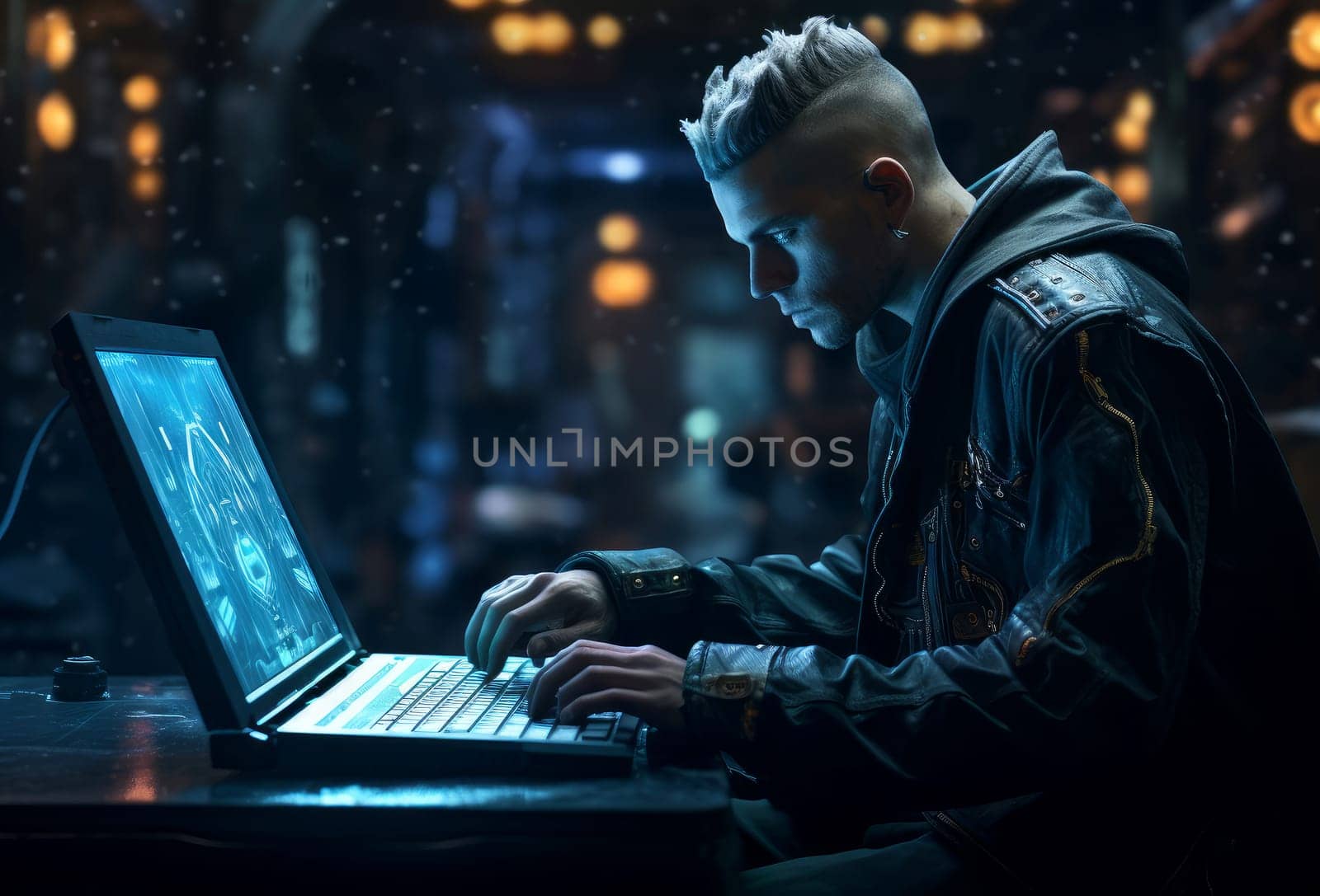 Nocturnal Male cyberpunk wearing hoodie. Hacker guy programming online on laptop. Generate ai