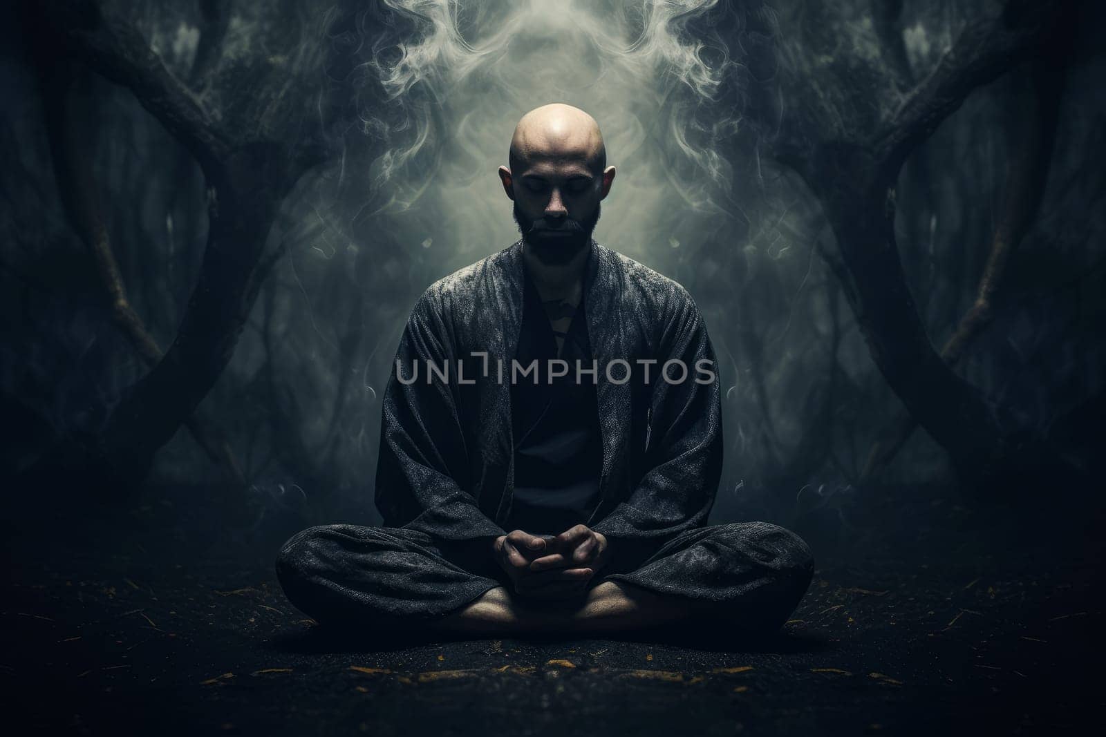 Spiritual Man meditation dark. Calm person. Generate Ai