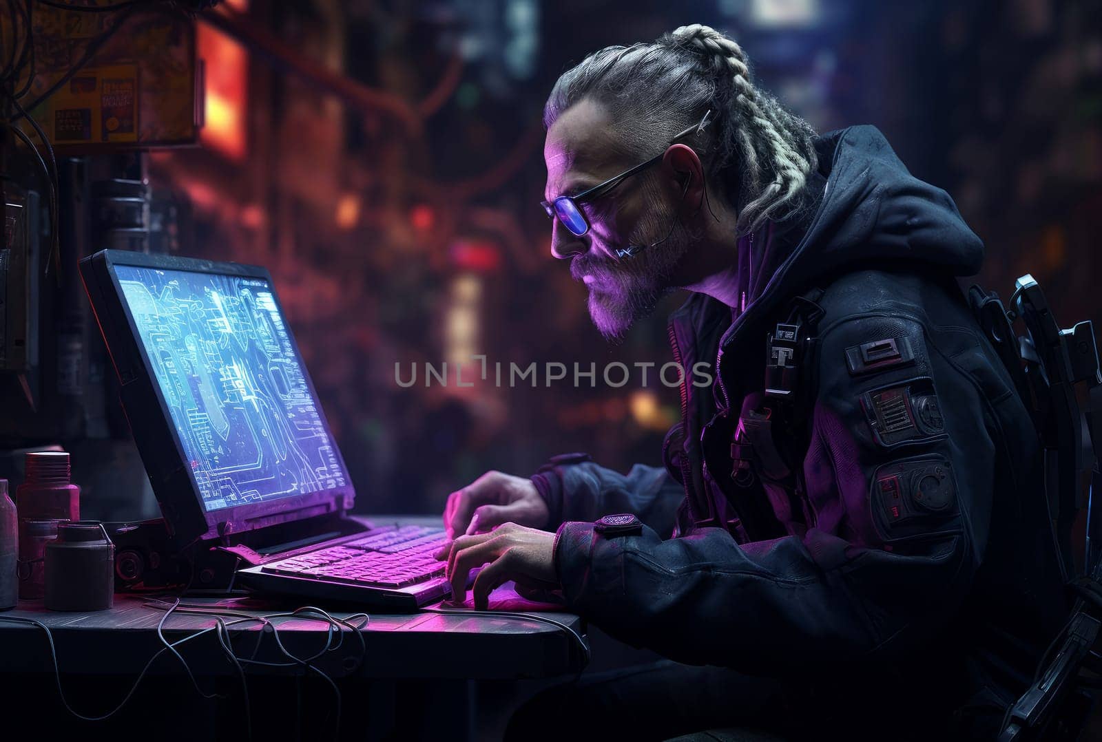 Intriguing Male cyberpunk wearing hoodie. Hacker guy programming online on laptop. Generate ai