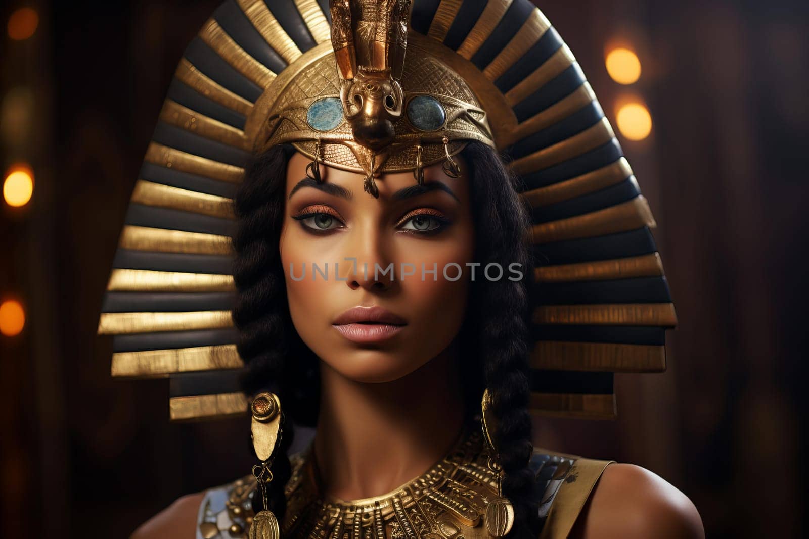 Historic Cleopatra portrait. Woman gold costume. Fictional person. Generate Ai