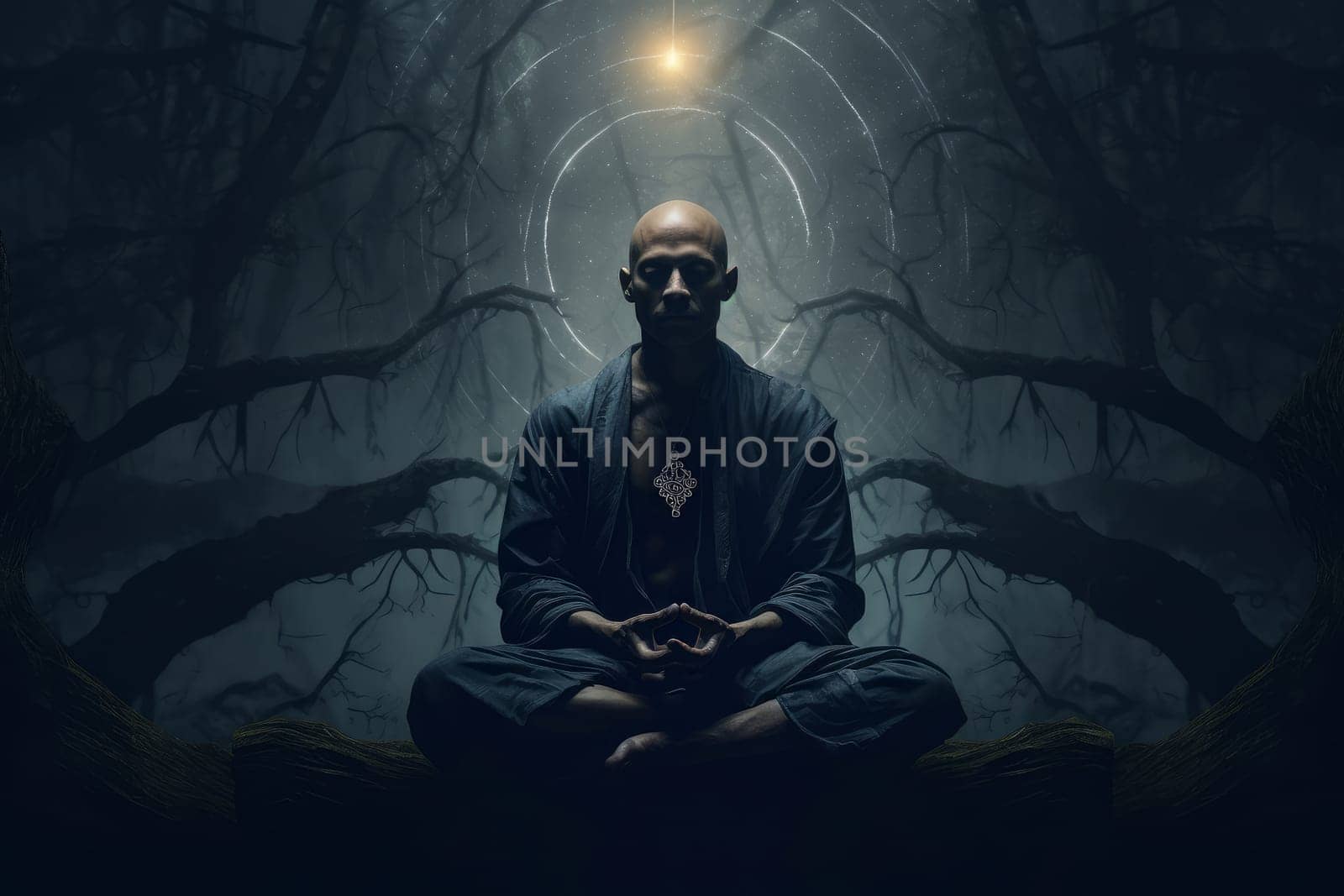 Tranquil Man meditation dark. Calm person. Generate Ai