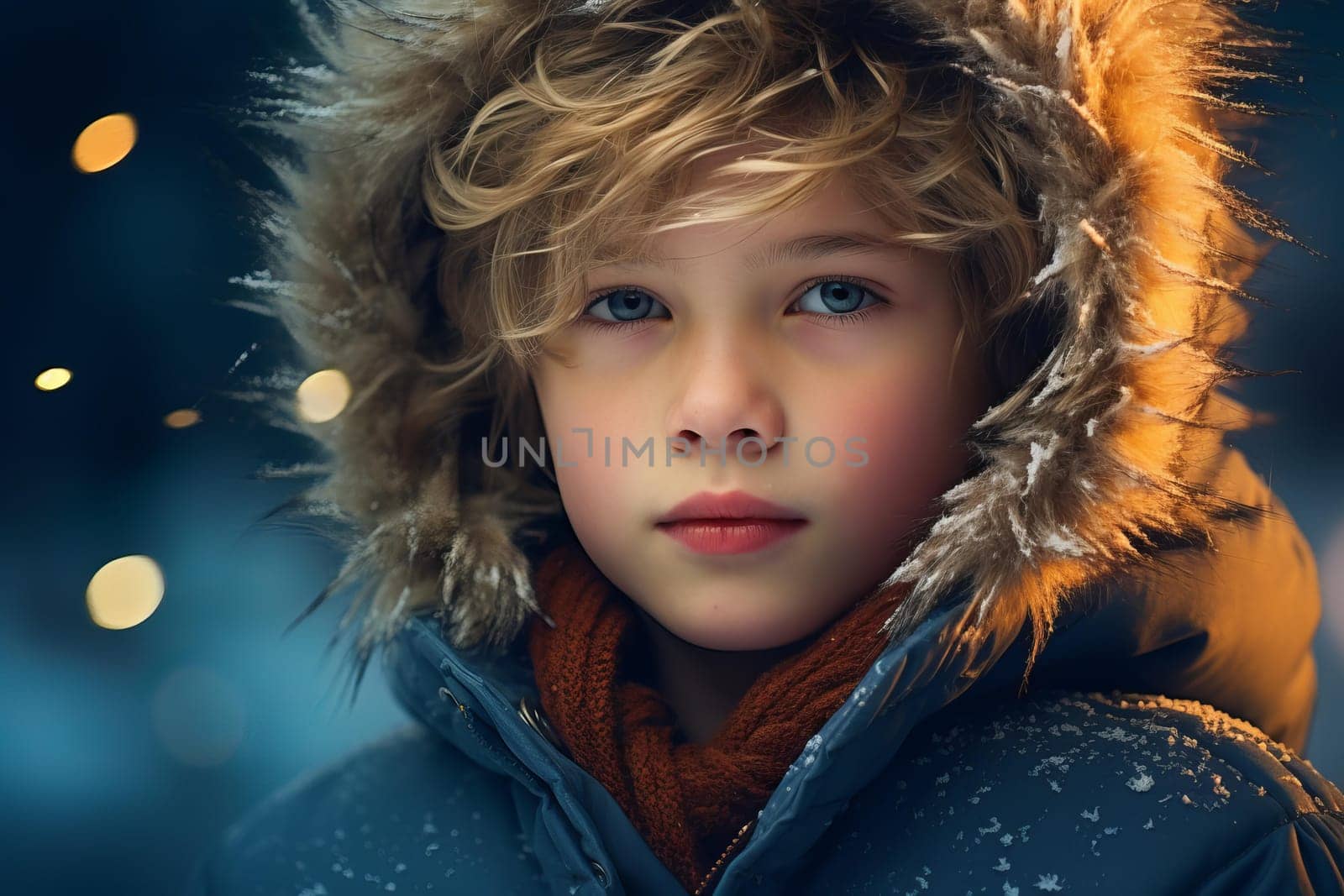 Portrait of boy in blue winter clothes. Little child posing in warm clothing on breeze background. Generate ai