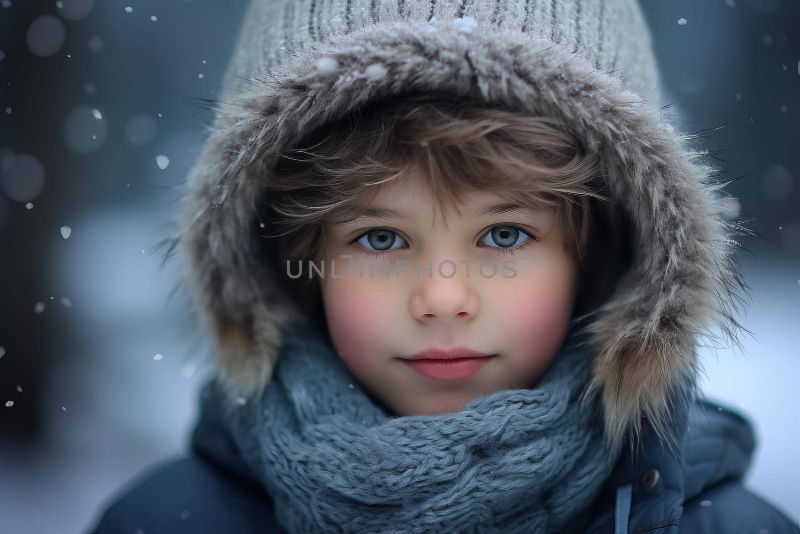 Youthful Portrait of boy in blue winter clothes. Little child posing in warm clothing on breeze background. Generate ai