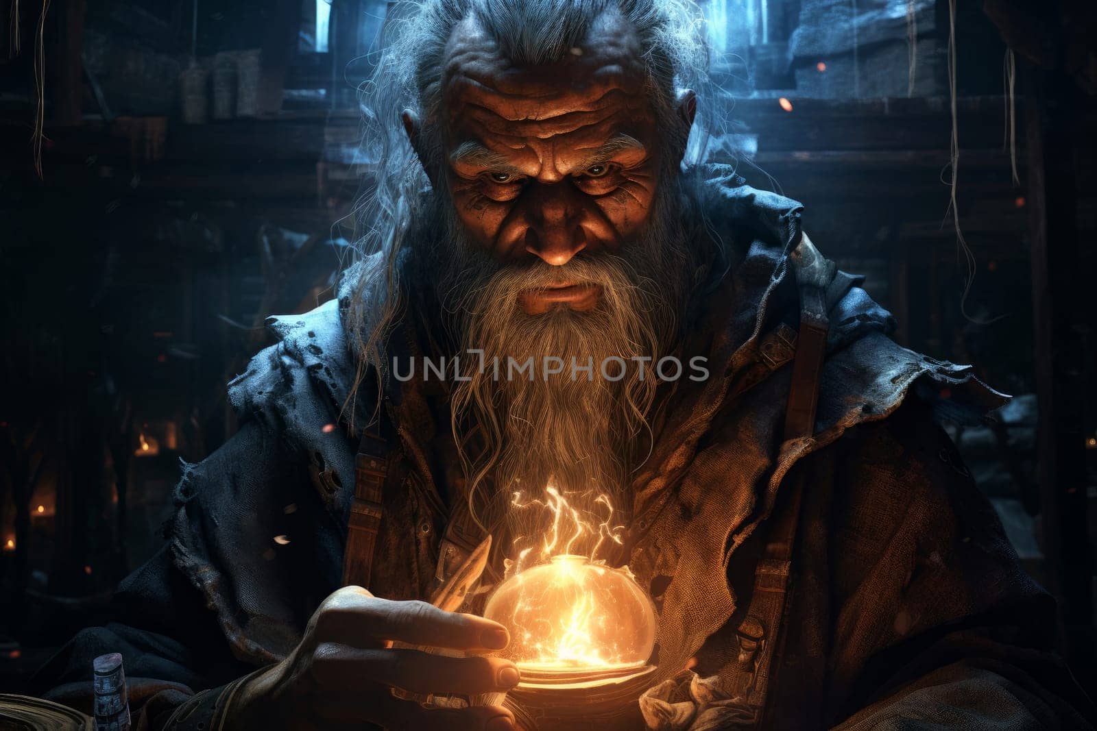 Enigmatic Mage old man fantasy dungeon. Man power. Generate Ai
