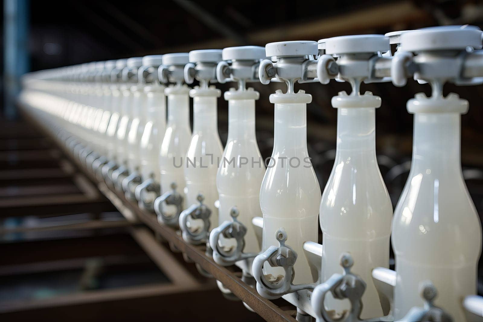 Continuous Milk bottle conveyor. Factory line. Generate Ai